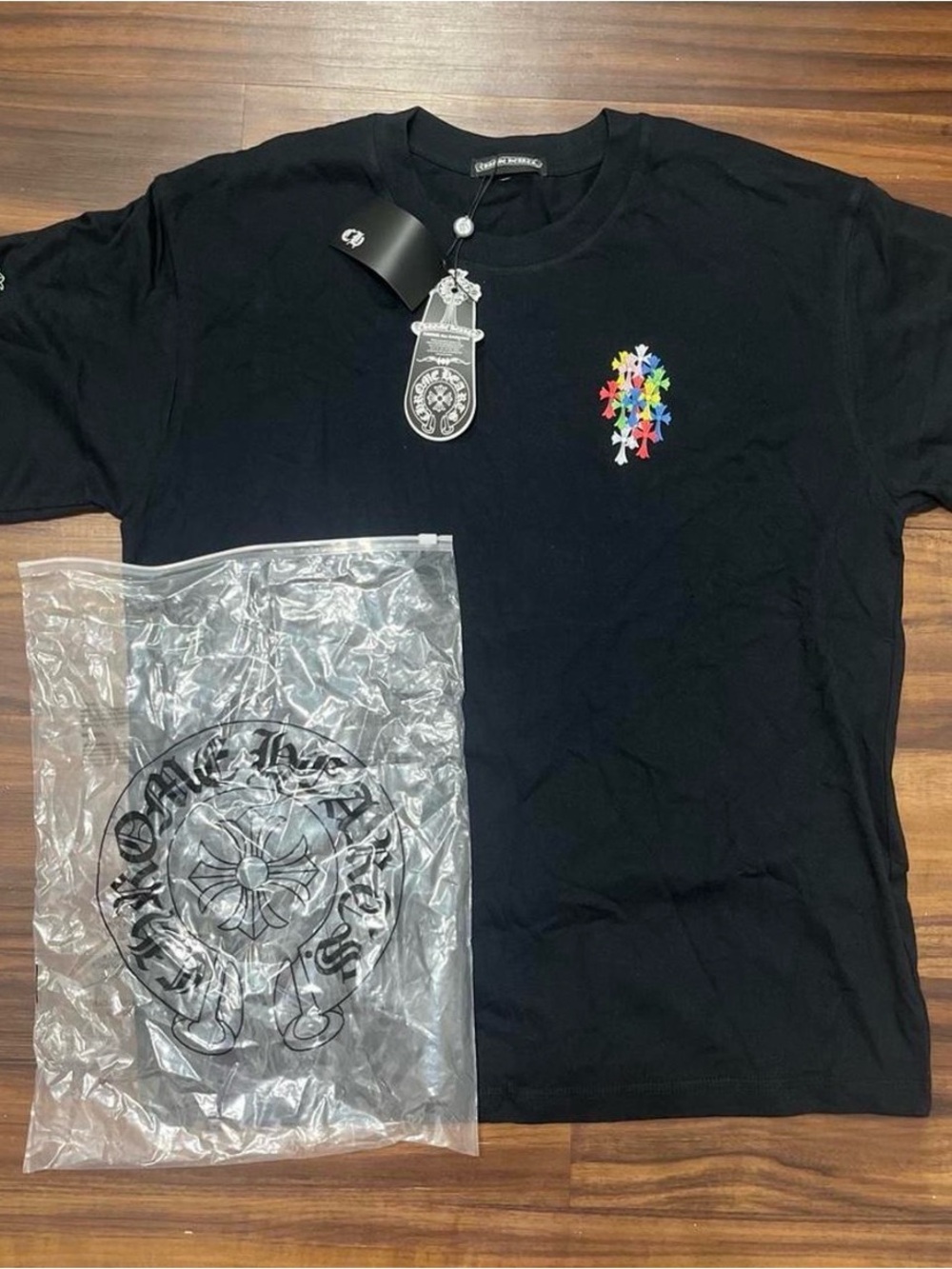 Chrome Hearts Black Short Sleeve Tee with Multicolor Star Cluster Chest Motif